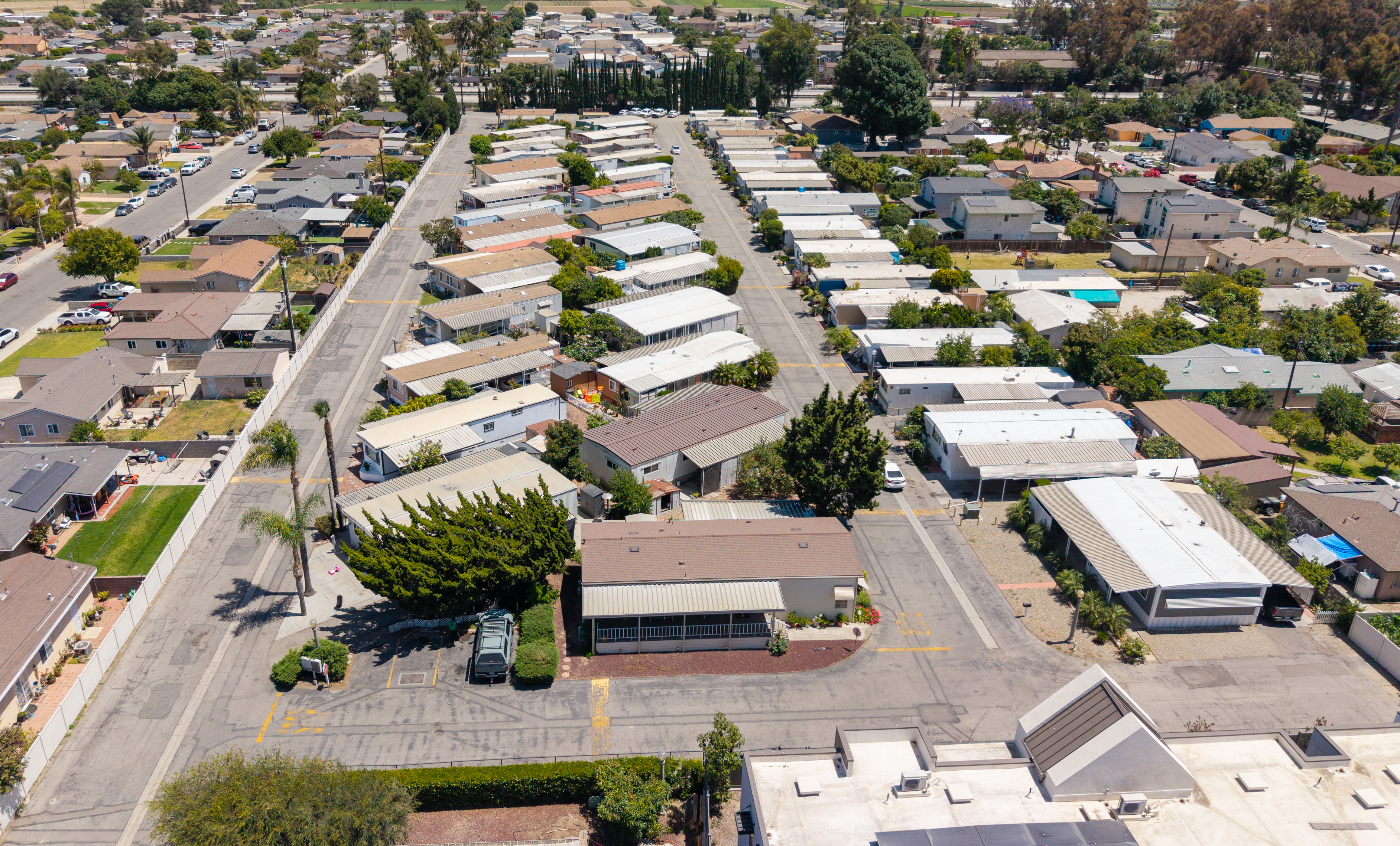 Aerial view of homes and community streets at Mountain View Mobile Home Park